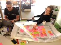 Mika and MInna drafting the strategic three staged Business Model Canvas
